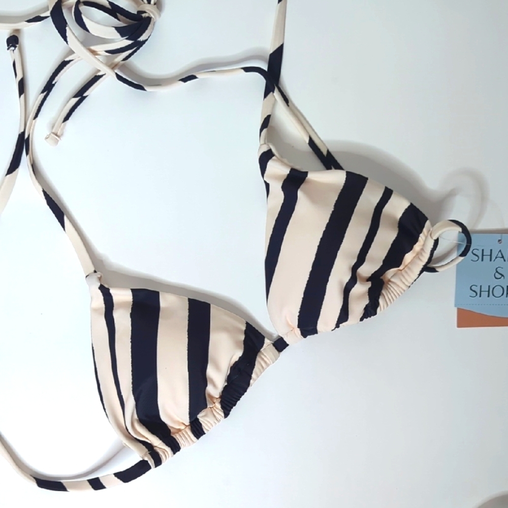 Shade & Shore Striped Bikini Top Black & Vanilla In Size S